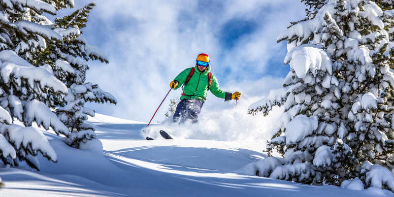 mage of man skiing and using a pole plant between two snow covered pine trees.