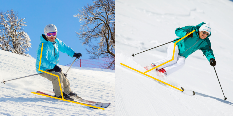 two images of skiers with lines drawn on to highlight the differences in their stance; one is more forward, the other back